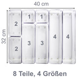 Schubladen Ordnungssystem 8 Teile 32x40 cm 4 Größen 5,5cm hoch klar transparent Antislip - Organizer für Schminktisch Kosmetik Bad Küche Kiste Besteck Aufbewahrungsbox Ordnungsbox Schubladeneinsatz